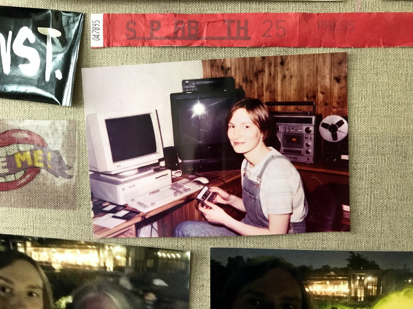 Early days: a young person at a 1990s computer, with a cassette recorder and a reel-to-reel machine behind